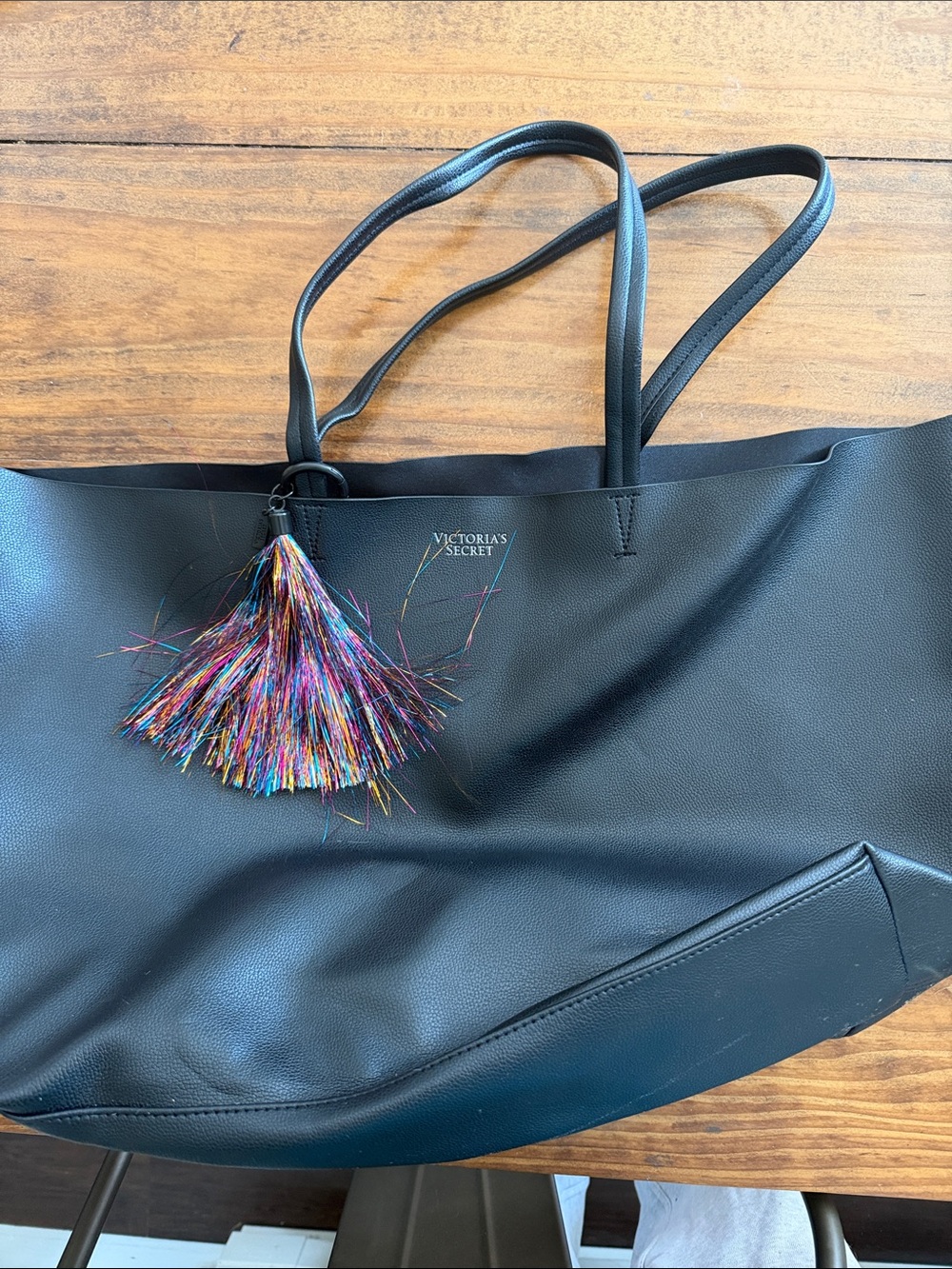 Victoria's Secret Black Tote with Multicolor Tassel Charm